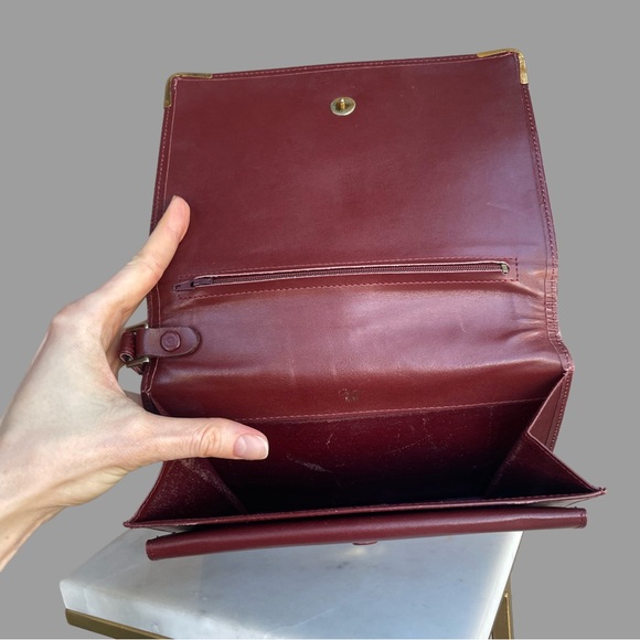 VINTAGE 80s CARTIER Bordeaux Brown Leather Wristlet Accordion Flap Clutch Bag